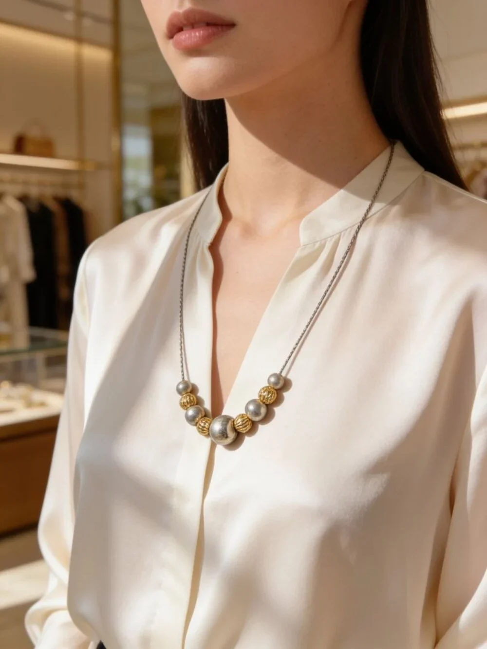 vintage gold and silver tone round metal bead piama style chain necklace